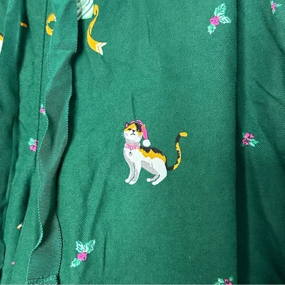 LOFT flannel kitten Cat Christmas pajamas Medium Green short sleeve pants button - Picture 5 of 16